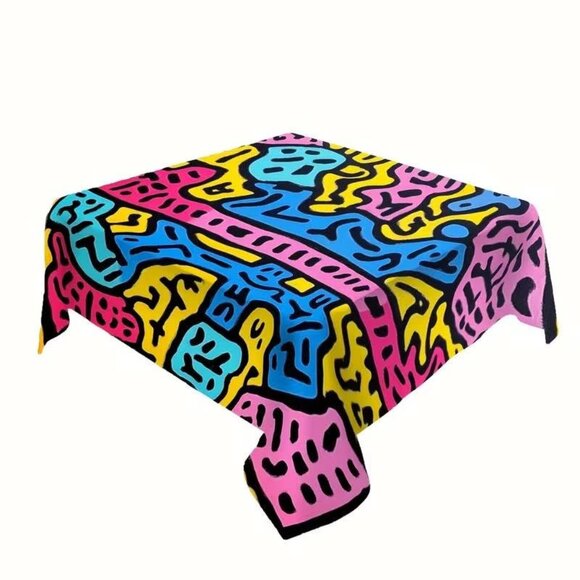 Keith Haring Inspired Design Tablecloth 60" Square. - Picture 5 of 6
